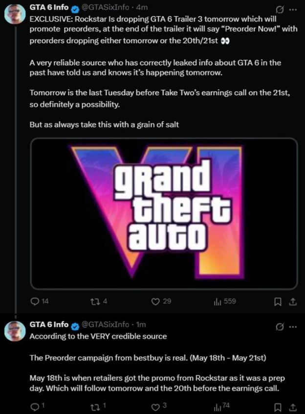 《GTA 6》第三条预告片传今晚公开 爆料指同步开放预购 第2张 《GTA 6》第三条预告片传今晚公开 爆料指同步开放预购 第2张