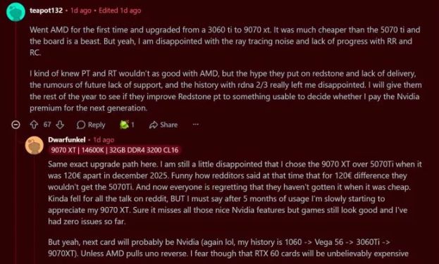 AMD FSR 4 Redstone被指失望 玩家考虑转用NVIDIA RTX 第2张 AMD FSR 4 Redstone被指失望 玩家考虑转用NVIDIA RTX 第2张