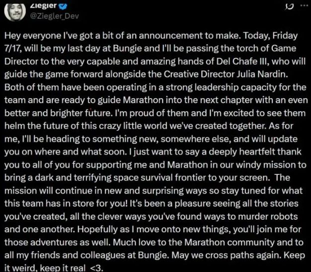 《Marathon》总监宣布离开 Bungie 游戏上市仅 4 个月再传震荡 - PS5小白盒 《Marathon》总监宣布离开 Bungie 游戏上市仅 4 个月再传震荡 - PS5小白盒